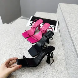 Beige Heeled Sandals Clear Shoes 2024 Women's Square Toe Buckle Black New Fashion Velvet Girls Rhinestone Spring High Comfort Su