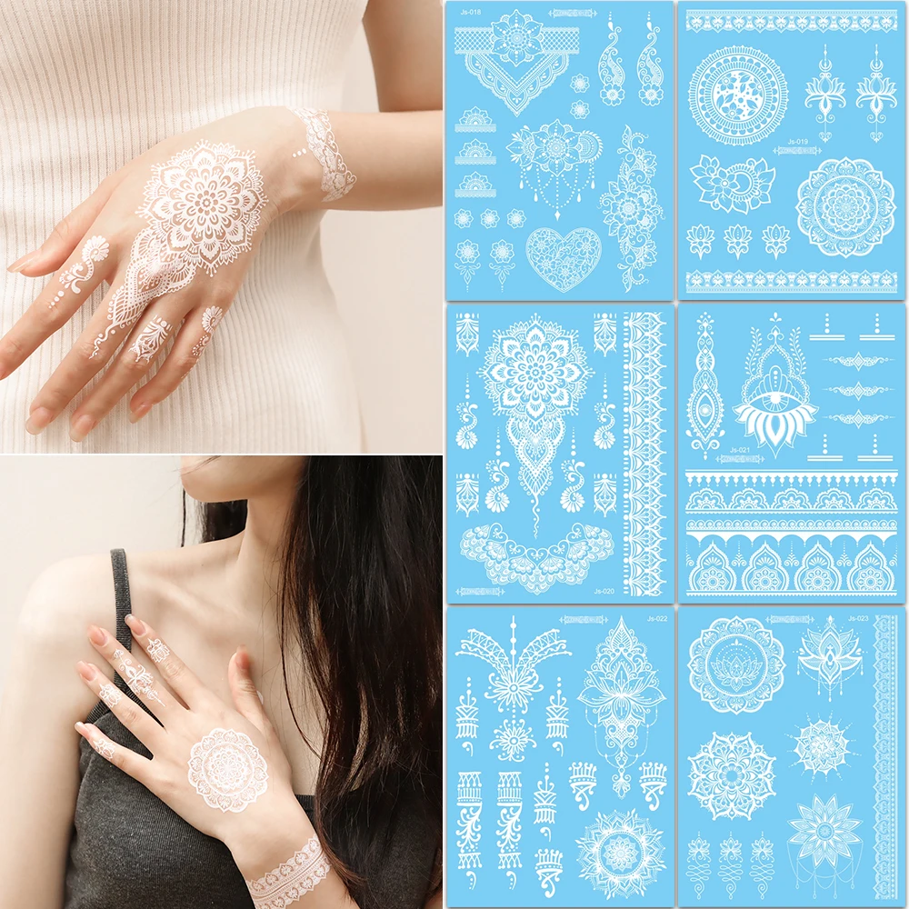 6 أوراق من الوشم المؤقت للحناء البيضاء للنساء - ملصقات فنية للجسم بوهو لنقل المياه مع تصميمات على شكل فراشة من الدانتيل والمدينة