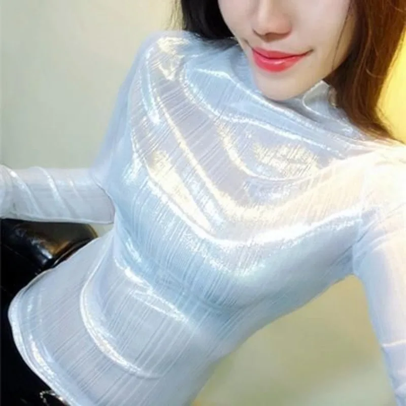 

Top Women's High Neck Shiny Finish Long Sleeve T-Shirt Base Layer Slimming Comfortable Minimalist Casual Niche Versatile Premium