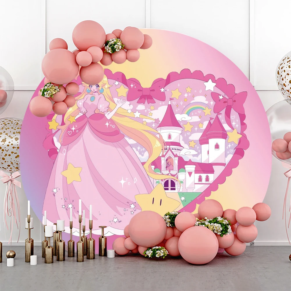 

Super Mario Cartoon Peach Princess Circle Round Backdrop Photo Photography Background Birthday Party Supplies Kids Props Banner