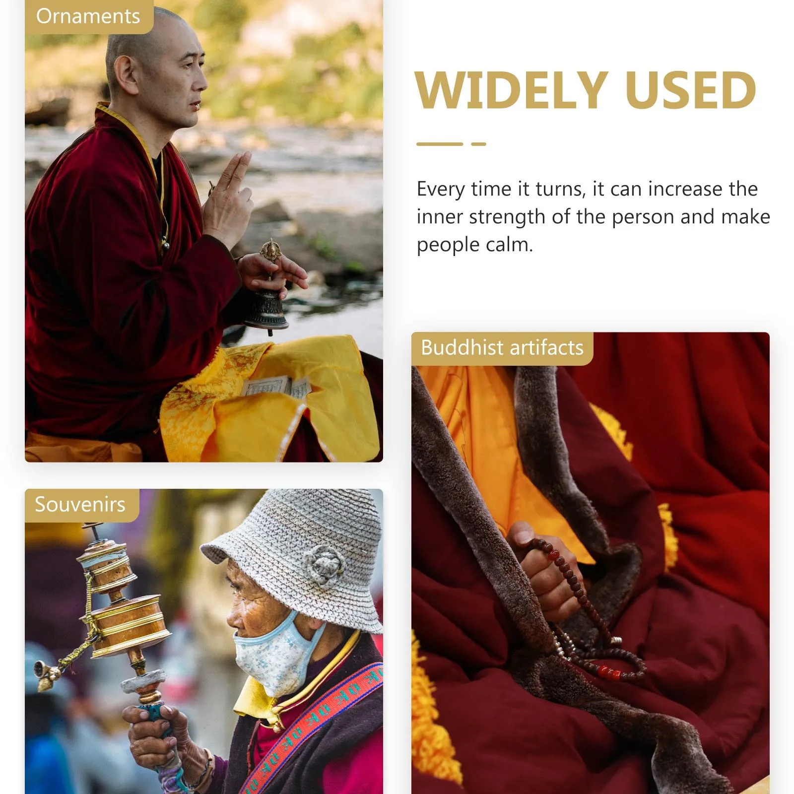 

1Pcs Hand-Cranked Prayer Wheel Wooden Handle Pure Copper Traditional Buddhist Artifact Home Office Decor Blessing Relaxation