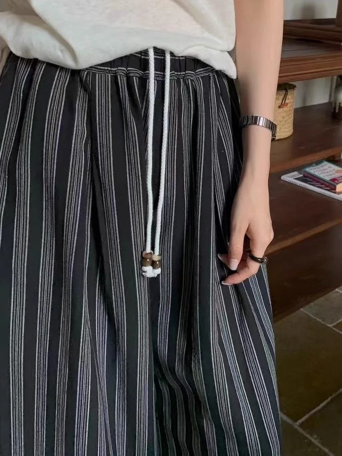 Pantaloni larghi a gamba larga da donna Estate 2025 New Faion Agel Dstring Pantaloni casual a righe coreani Sle Trendy Pendolarismo Vento