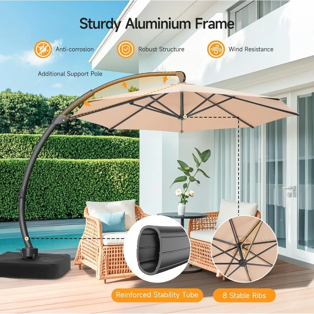 

11 FT Outdoor Patio Umbrella with Base, Aluminium Curved Cantilever Umbrella, Large Round Hanging Offset Umbrella, Customized