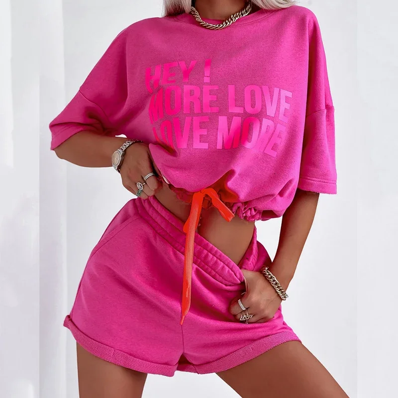 2024 Summer New Women's Casual Sports Suit, Crewneck Letter Print Lace-up Short Sleeve, Casual Shorts,Female Elegant 2-Piece Set