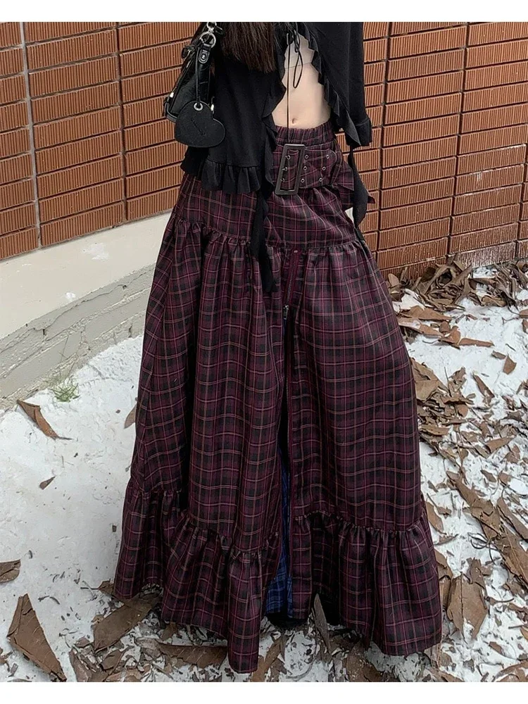 Women\'s Plaid A-line Long Skirt Vintage Y2k Skirt Harajuku Korean Streetwear Fashion A-line Skirts Emo 2000s Trashy Clothes 2023