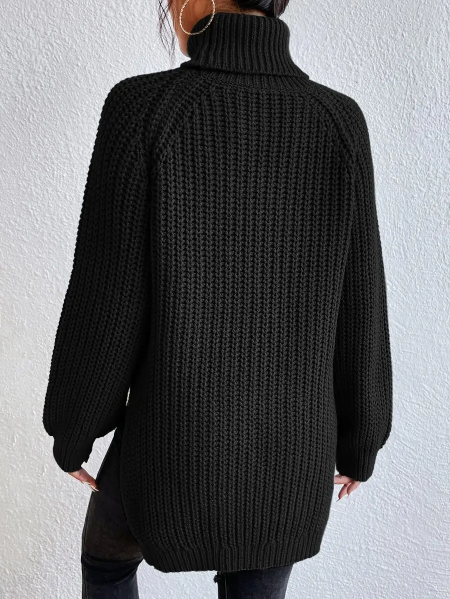 

High Neck Raglan Sleeve Slit Hem Knit Pullover Sweater