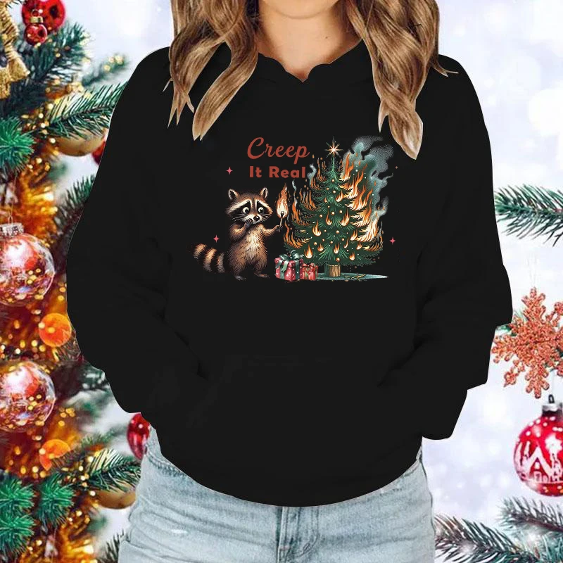 Cute Christmas Raccoon Creep It Real Printing Hoodies Loose Sweatshirt Women Men Personality Long Sleeve Casual Tops