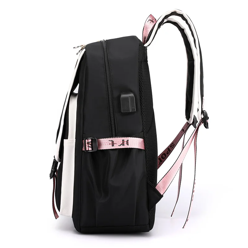 Mochila escolar grande para adolescentes, morral escolar de lona con puerto USB, a la moda, color negro y rosa