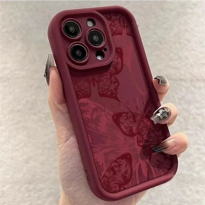 Butterfly Maroon Soft Silicone Grooved Cover For iPhone 15 14 13 12 11 16 Pro Max XS X 7 8 Plus Anti-Fall Protective Phone Case