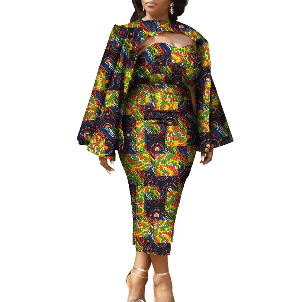 2 Pcs Set Women African Dresses with Shawl Cloak Fashion Africa Print Clothing for Party Wedding Bazin Riche Plus Size WY8639