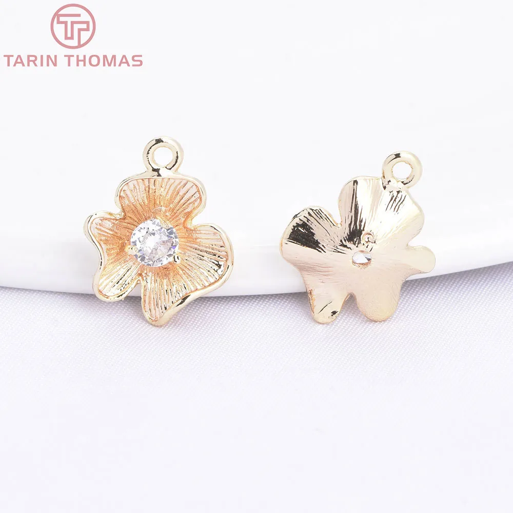 (912) 6PCS 11x14MM 24K Gold Color Plated Brass with Zircon Flower Charms Pendants High Quality Diy Jewelry Making Accessorie