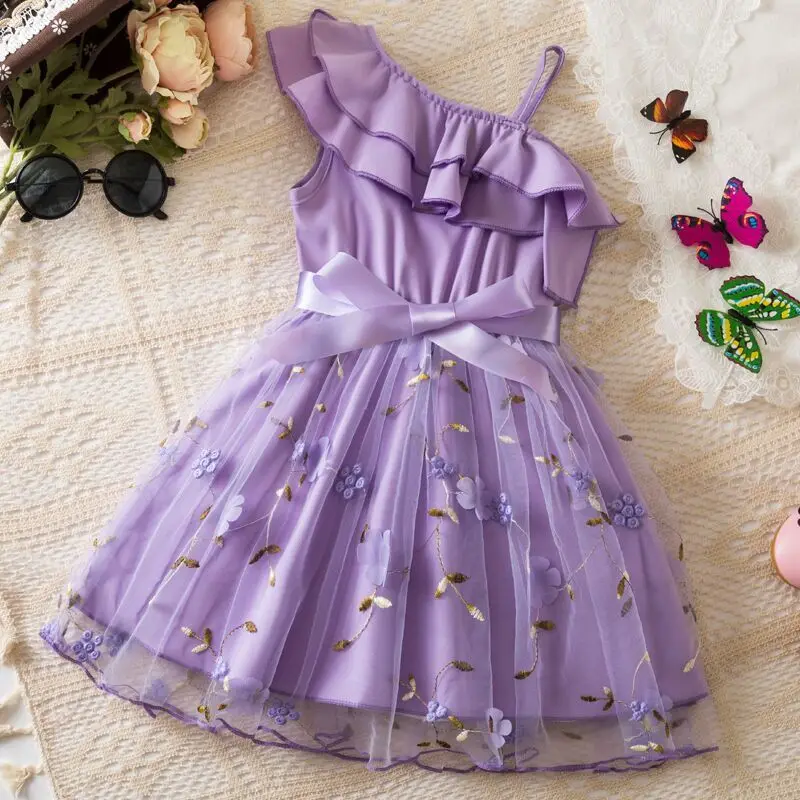 Girls Dress 2026 Spring New Korean Version Fashionable Ruffle Edge Single Shoulder Flower Mesh Princess Dress