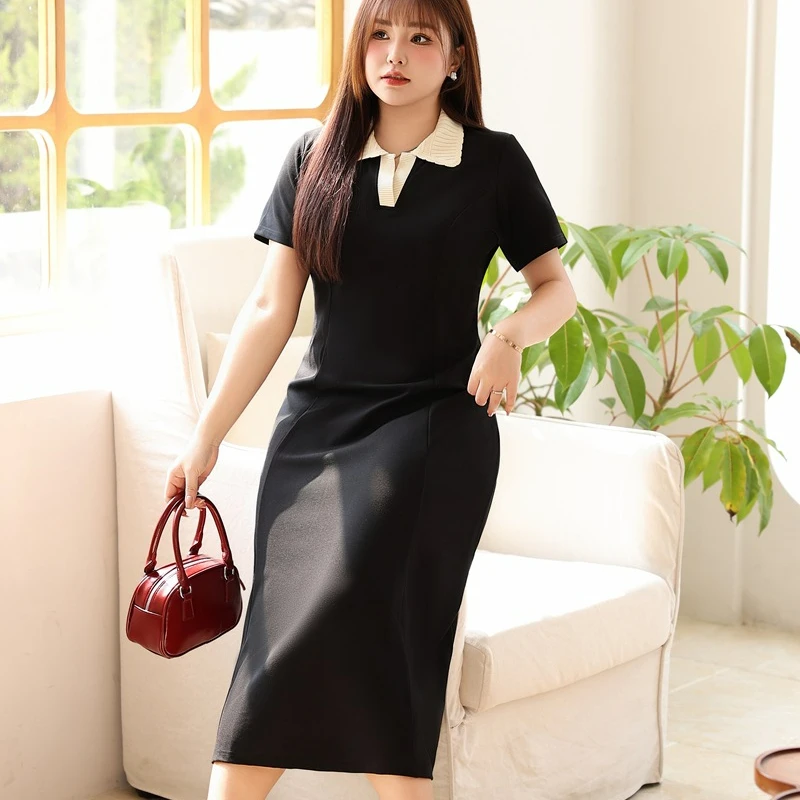 Woven Polo Collar A Word Thin Small Black Skirt Large Size Women's Long Short Fashion Dresses Korean Style Design Niche Dress