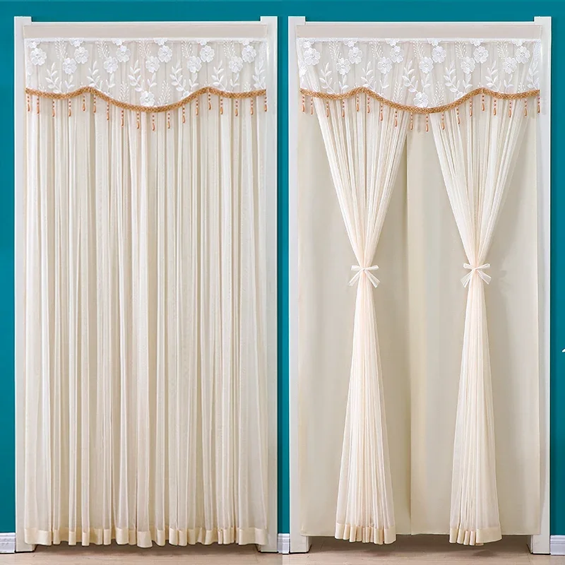 Lace Embroidered Wave Edge Door Curtain Non Perforated Bedroom Partition Curtains Bead Curtain Edge Double Layer Gauze Curtains