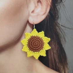 Handmade Knitted Sunflower Dangle Hooks Earrings for Women Fashion Big Flower Drop Accessories Boho Girls Party Holiday Jewelry