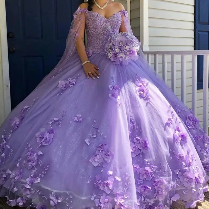 

Hinny Сиреневое платье принцессы Quinceanera 2024 с накидкой 3D Цветы аппликация Beadig милое 16 Vestido De 15 лет