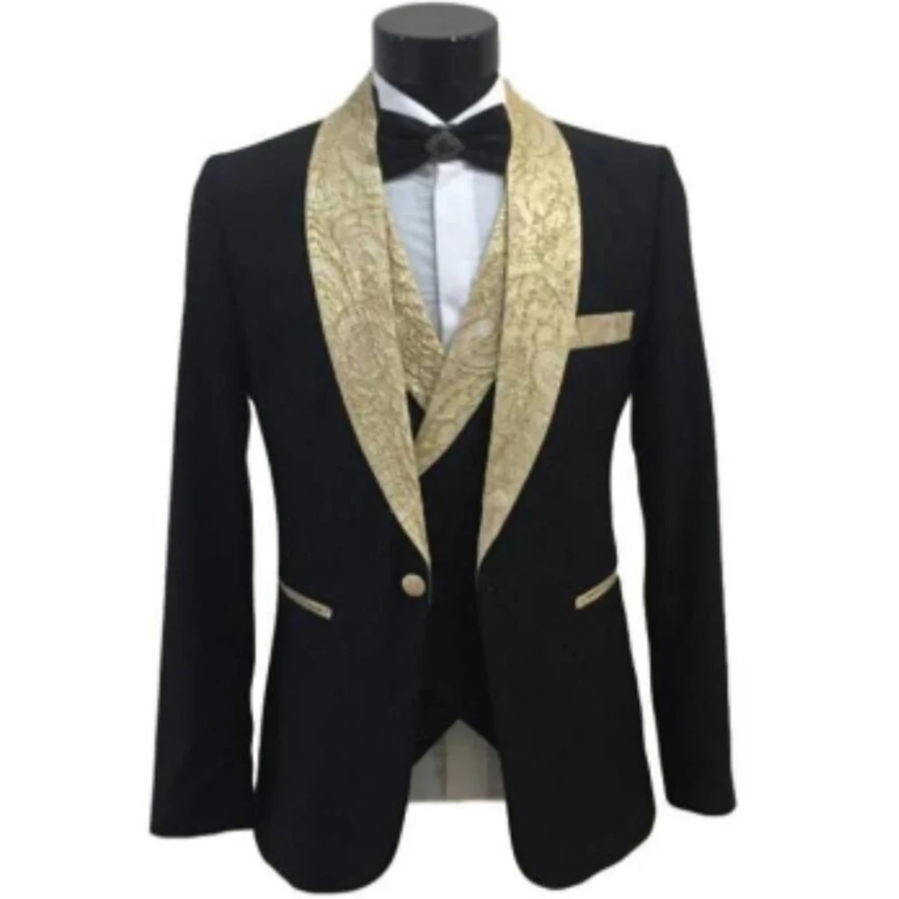 Fashion Men Suits 3 Piece Chic Gold Floral Shawl Lapel Black Slim Fit Male Blazer Wedding Prom Party Tuxedo New Arrival Suits