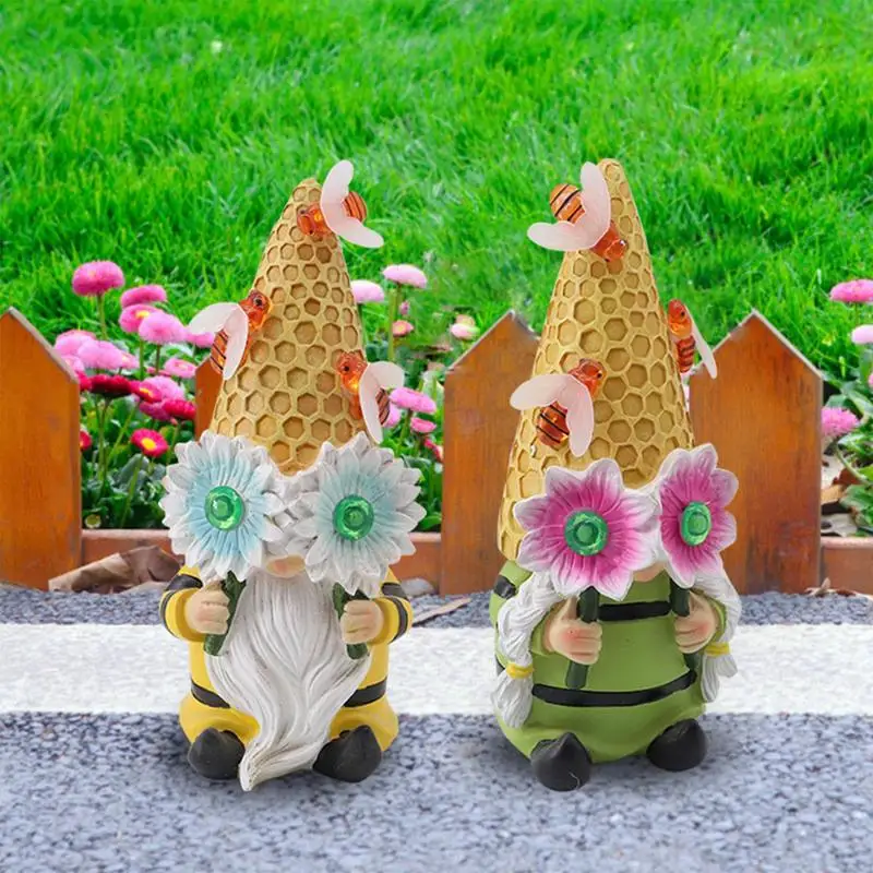 Garden Gnome Statue Mini Resin Doll Statue Crafts LED Lights Dwarf Statue Bee Design Full of spring breath Decor For Yard Porch