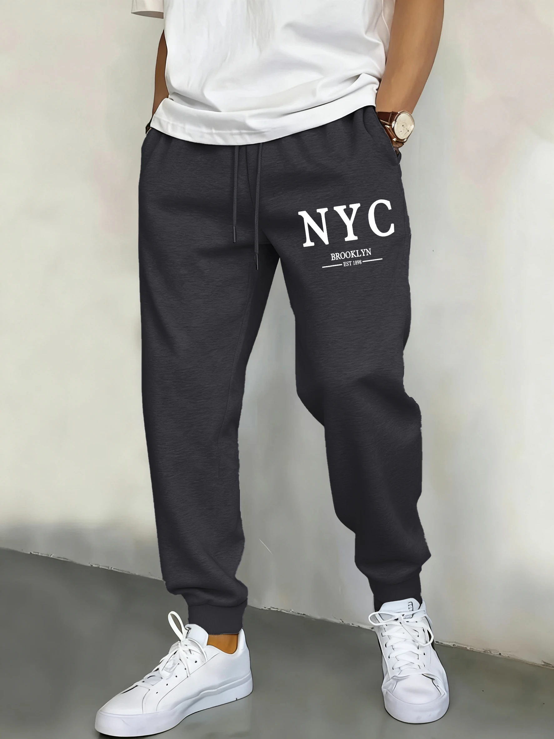 

Мужские базовые брюки с буквенным принтом Нью-Йорка, теплые брюки для бега на шнурке, универсальные мужские спортивные штаны с карманами, флисовые брюки унисекс в стиле ретро