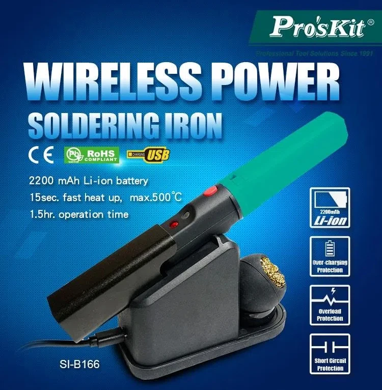 Pro'sKit SI-B166 Wireless Soldering Iron Fast Heat Max 500C USB Rechargeable with Soldering Tip and Stand for Phone Repair