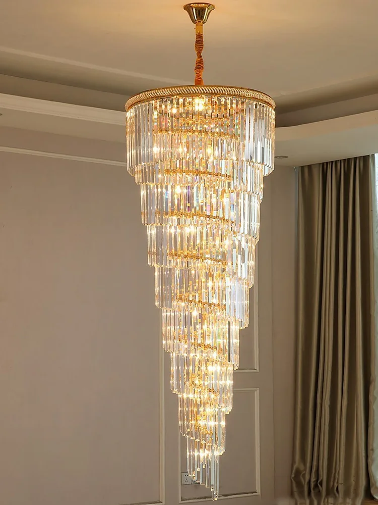 

Luxury Crystal Chandeliers Villa Duplex Attic Living Room Lighting Loft Indoor Decor Home Long Ceiling Pendant Lights Fixtures
