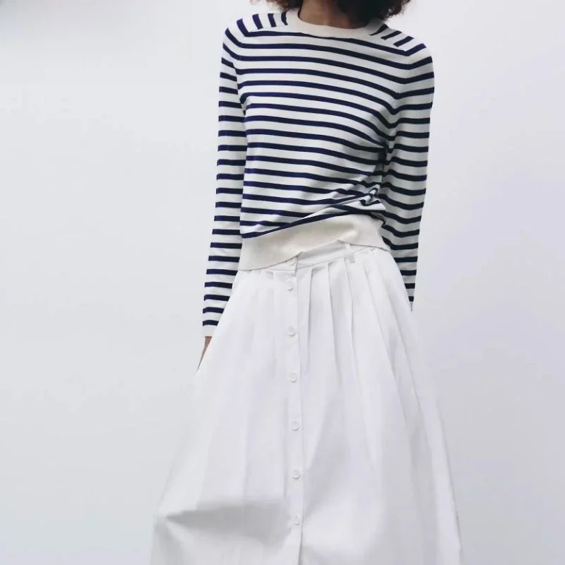

Spring 2025 Women's Faion Midi Skirt with Stripe Tie Design A-Line High Waist Slim Fit Commuter Sle f-length Skirt