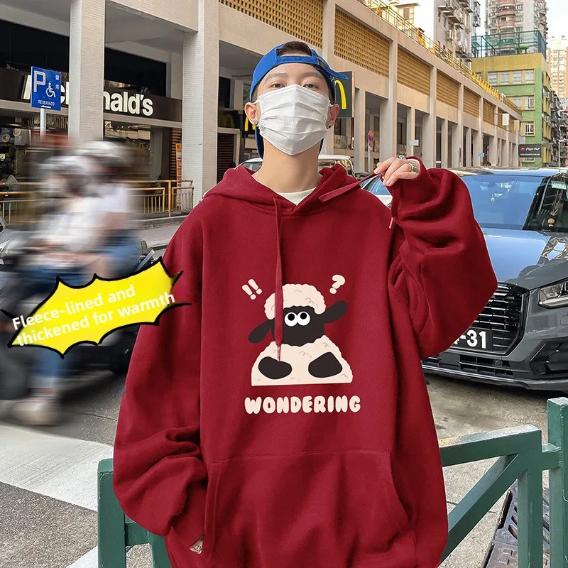 

Couple Hoodies Thiened Fce Print Casual Winter Outerwear American Sle Heavy Clothes Youth ular Loose Fit Sweatirts