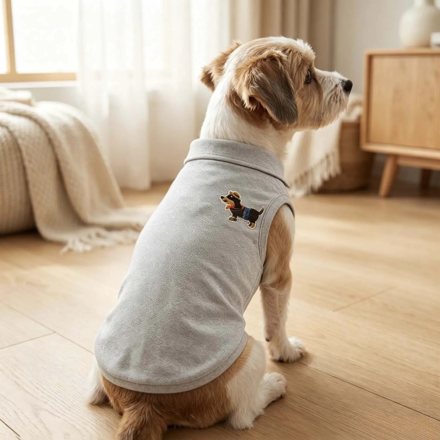 Cartoon Dachshund Embroidered Pet Polo Shirt Soft Breathable Sleeveless Dog Clothing Daily Home Outdoor Walking Outfit