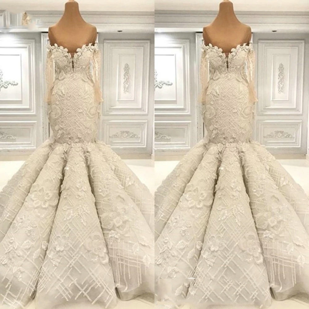 2025 Abiti da sposa eleganti a sirena maniche lunghe Sweetheart applicazioni di pizzo che bordano abito lungo da sposa Robe De mariée