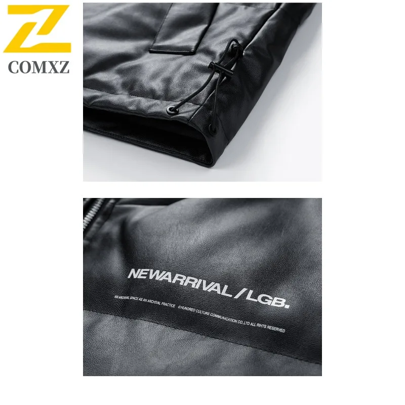 COMXZ  PU Leather Down Jacket 2025 New Winter Snow Skiing Warm Cotton Coat Camping Thickened Minimalist Versatile Windbreaker