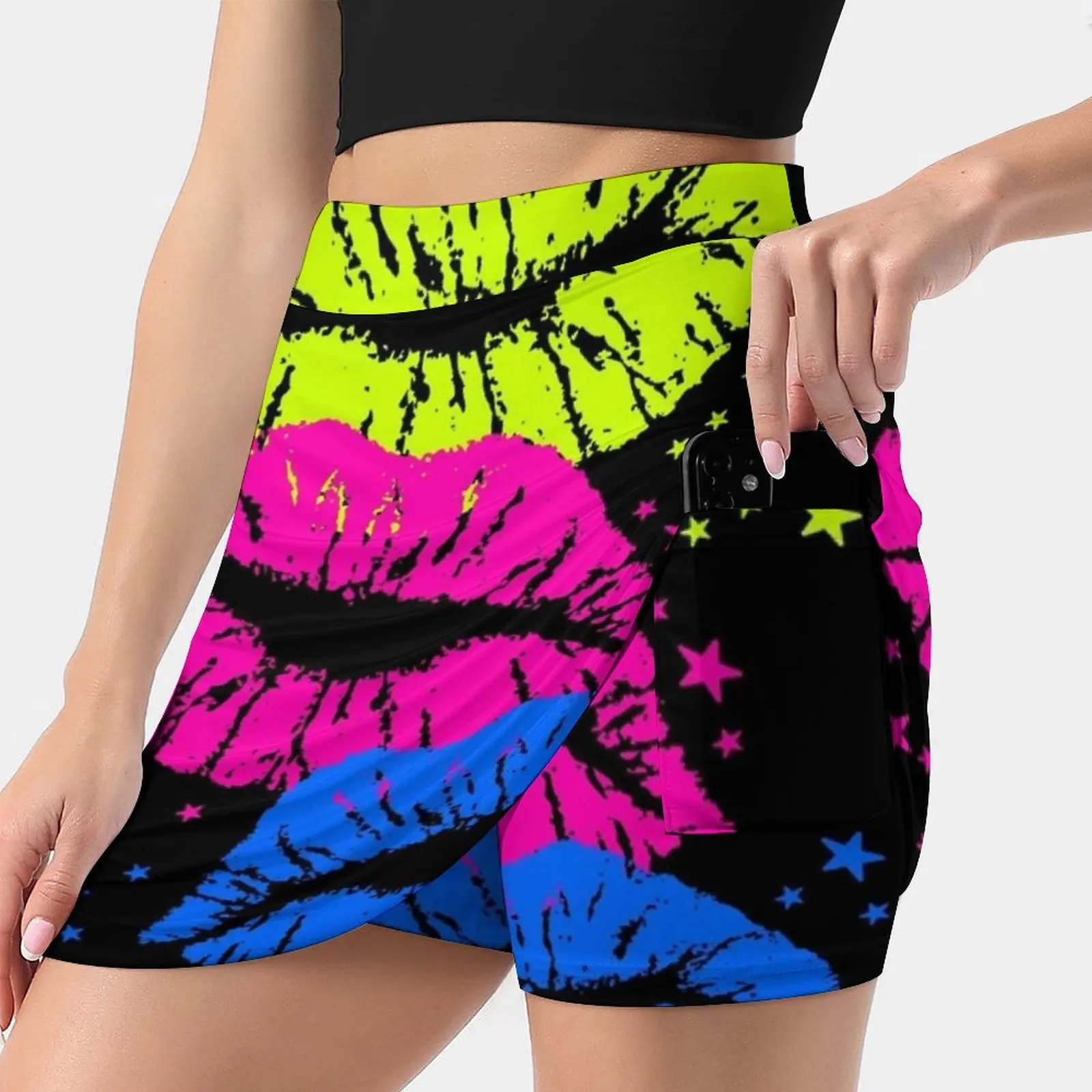 80S Retro Lips Stars Women's skirt Aesthetic skirts New Fashion Short Skirts 80S 1980S Retro Vintage Neon Pastel New Wave Lips