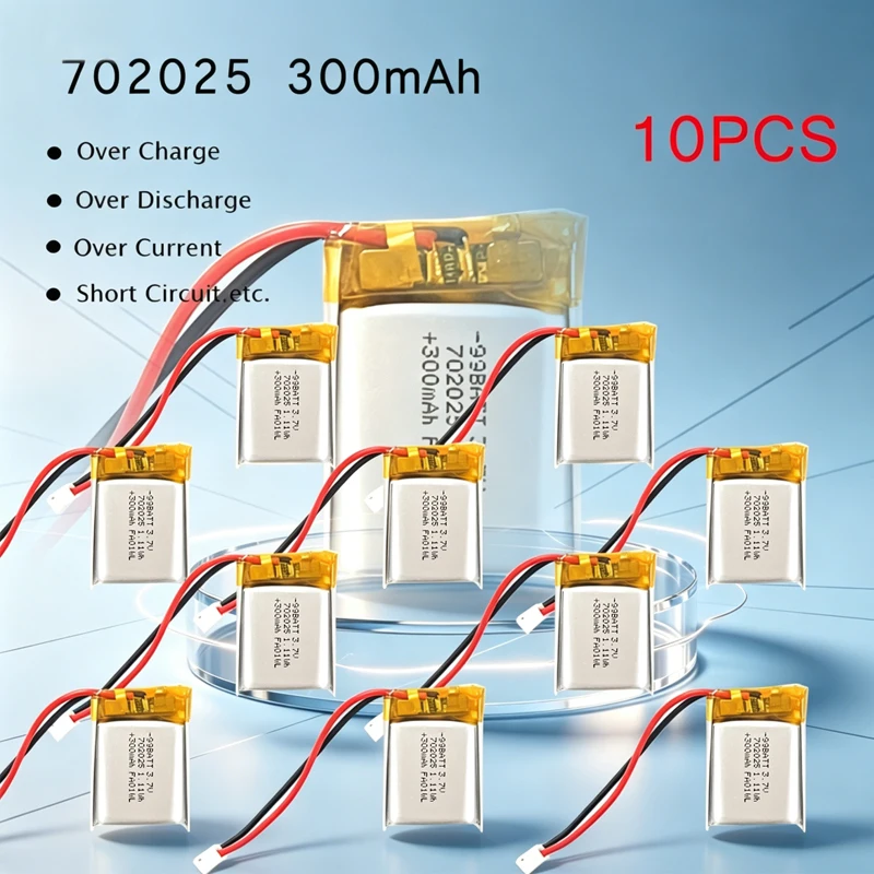 10 Stück 702025 3,7 V 300 mAh Lipo-Akku, Ph2,0 mm Lithium-Polymer-Akkus für Spielzeug, Schönheitsinstrumente, Bluetooth-Headset, wiederaufladbar