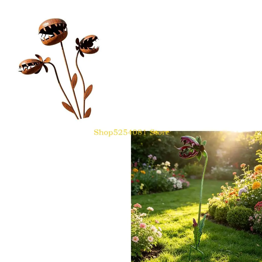 AXYC Rusty Carnivorous Flower Shape Metal Decorative Stakes Freestanding Outdoor Garden Decoration for Balcony Courtyards