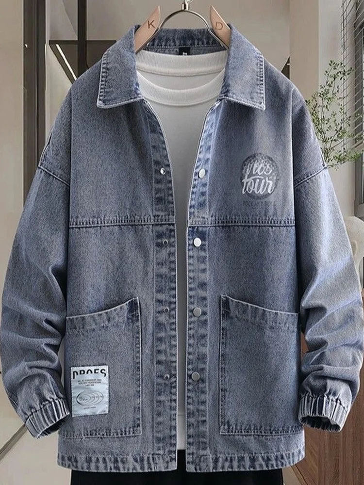 

Весенне-осеннее мужское джинсовое куртка, повседневное свободное студенческое пальто с отложным воротником Haome, молодежное длинное пальто на пуговицах с принтом све