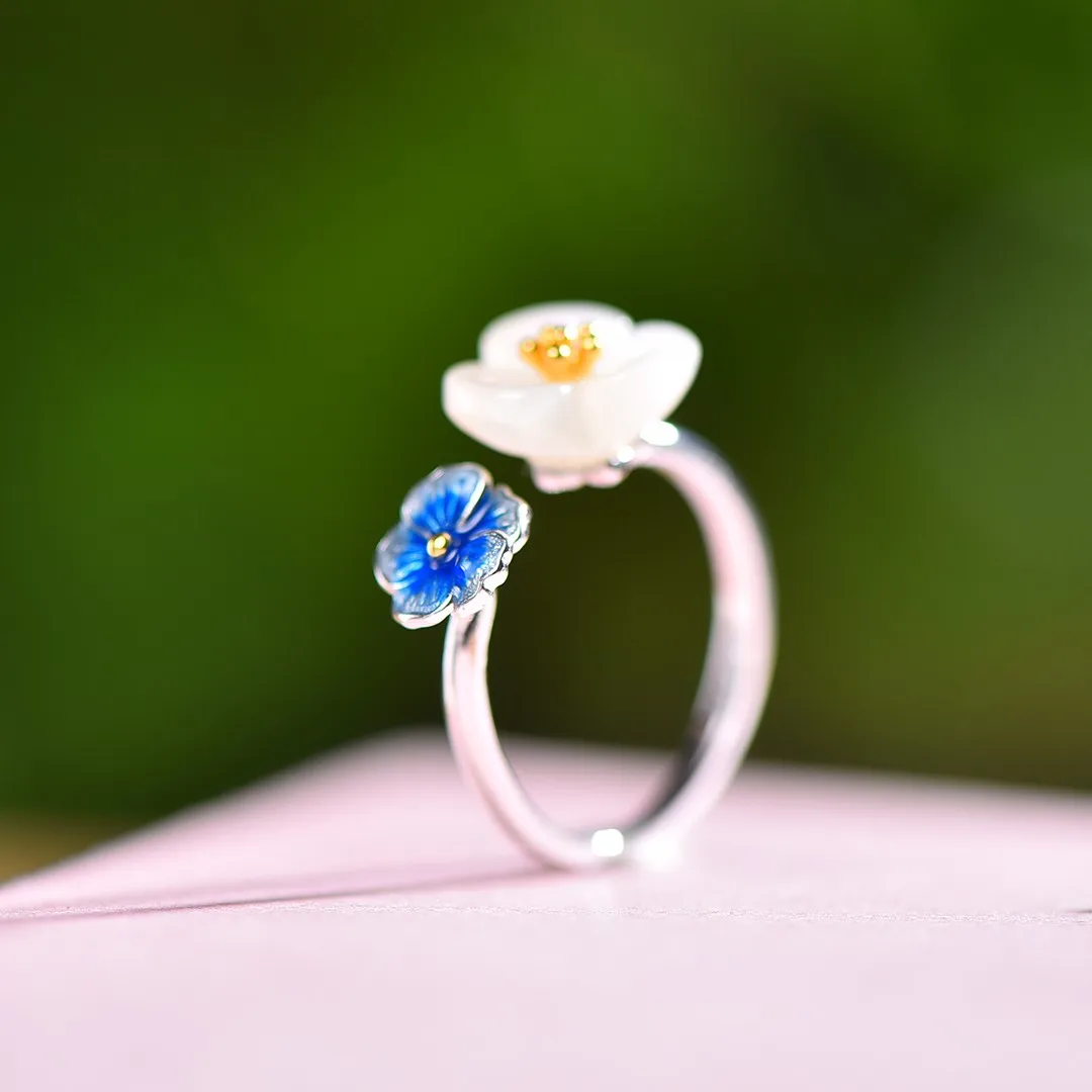 

S925 Silver and Hetian Jade Enamel Auspicious Flower Ring