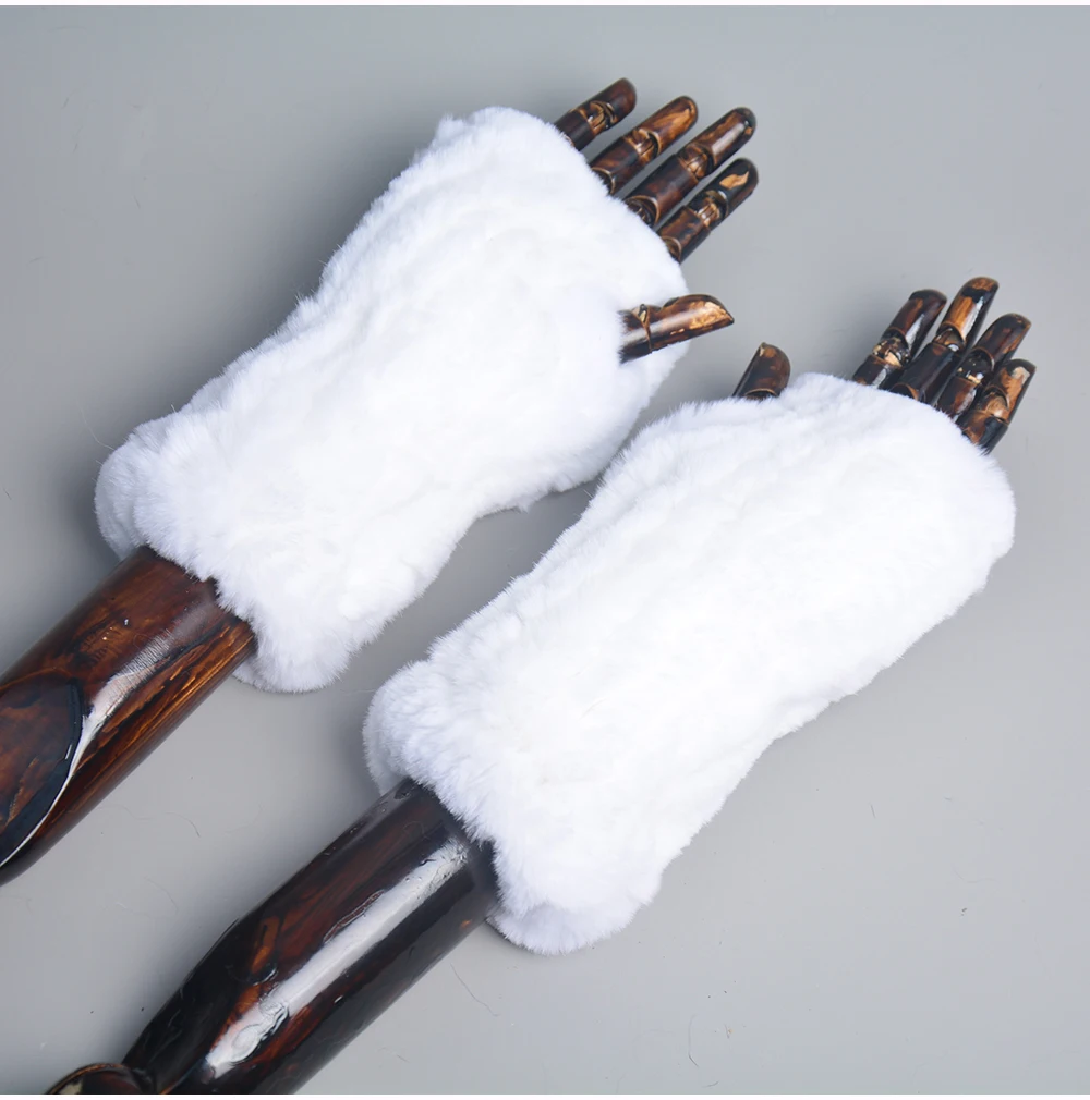 New Women 100% Real Genuine Knitted Rex Rabbit Fur Mittens Winter Warm Lady Real Fur Fingerless Gloves Handmade Knit Fur Mitten