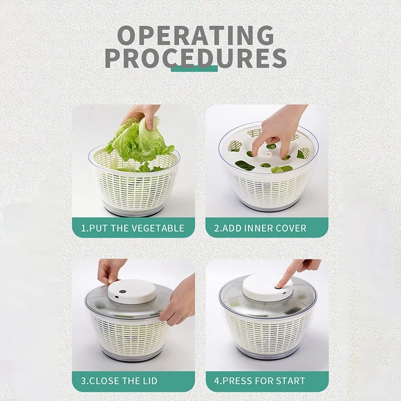 전기 샐러드 스피너, 음식 여과기, 샐러드 만들기 액세서리, 다기능 야채 샐러드 탈수기, 4.75L
