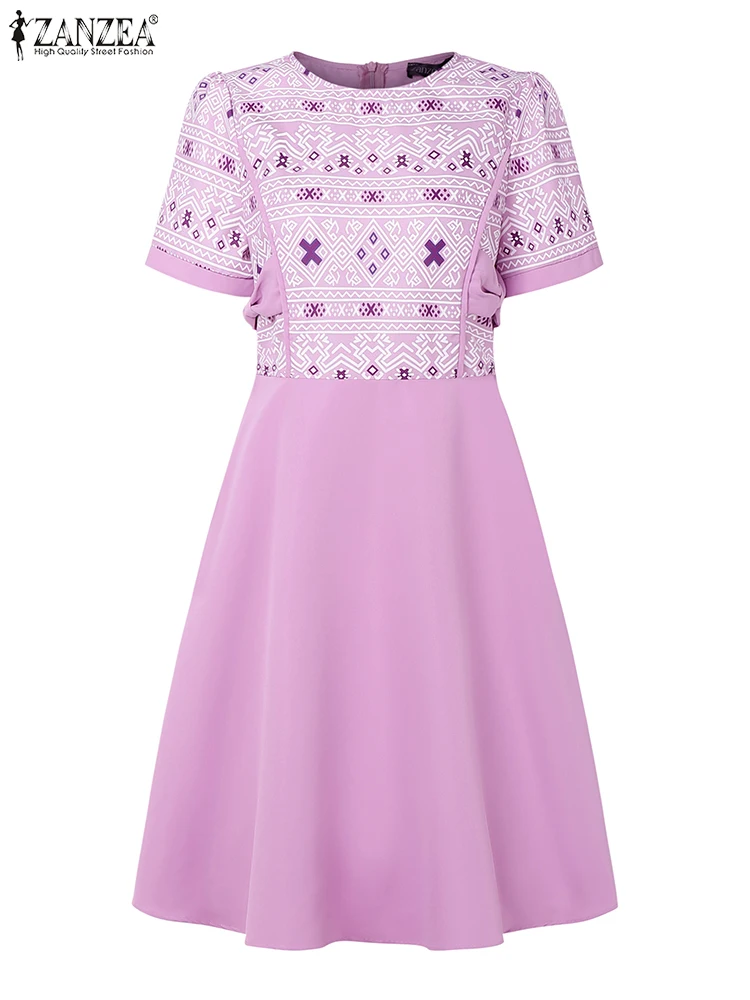 ZANZEA élégant taille ajustée a-ligne Robes femmes vacances ethnique géométrique imprimé Patchwork col rond manches courtes Midi Robes Femme