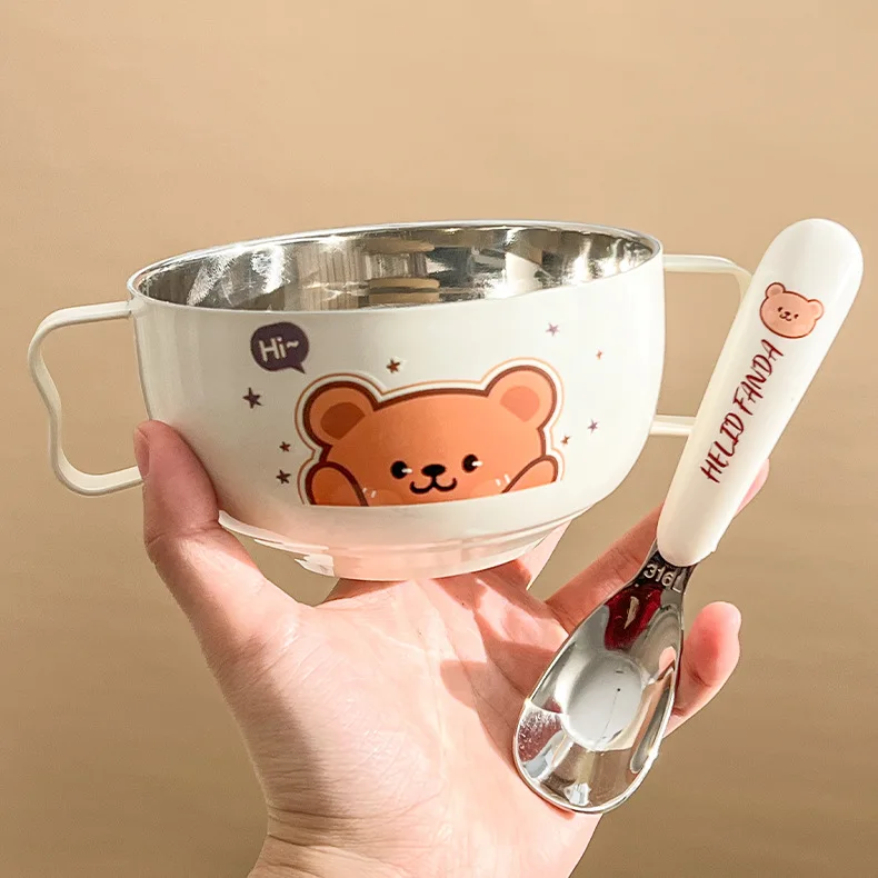 

Stainless Steel Bowl, Double-layer Double-ear Soup Bowl with Handle, Anti-drop and Anti-scalding Rice Bowl