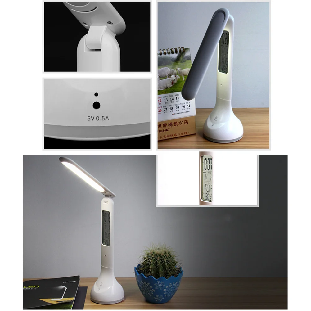 

Portable Rechargeable LED Desk Lamp Eye Control 3-Level Dimmable Reading Light Calendar Alarm Clock Temperature