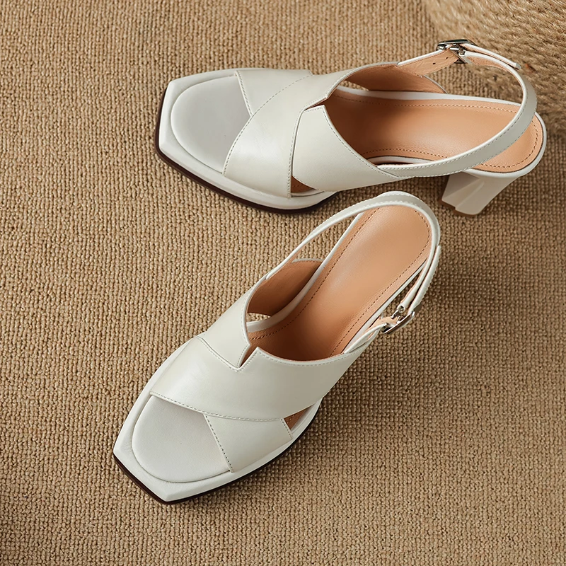 【JOCHEBED HU】Handmade Genuine Leather Summer One-button Thick Open Toe Sexy Professional High Heels Temperament Female Sandals