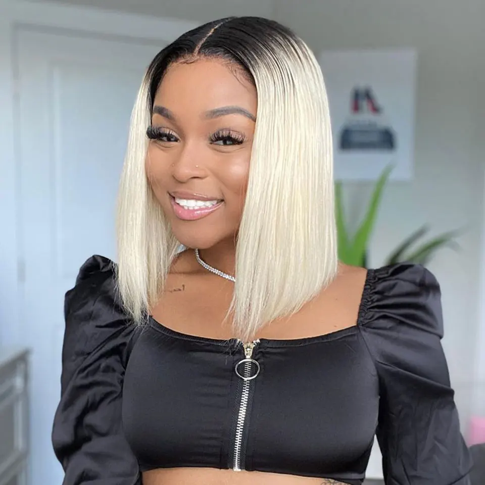 

HOT Sale 1B 613 Straight Short Bob 13x4 Transparent Lace Front Wig - 100% Human Hair Brazilian Pre Plucked Cosplay Role Play Wig