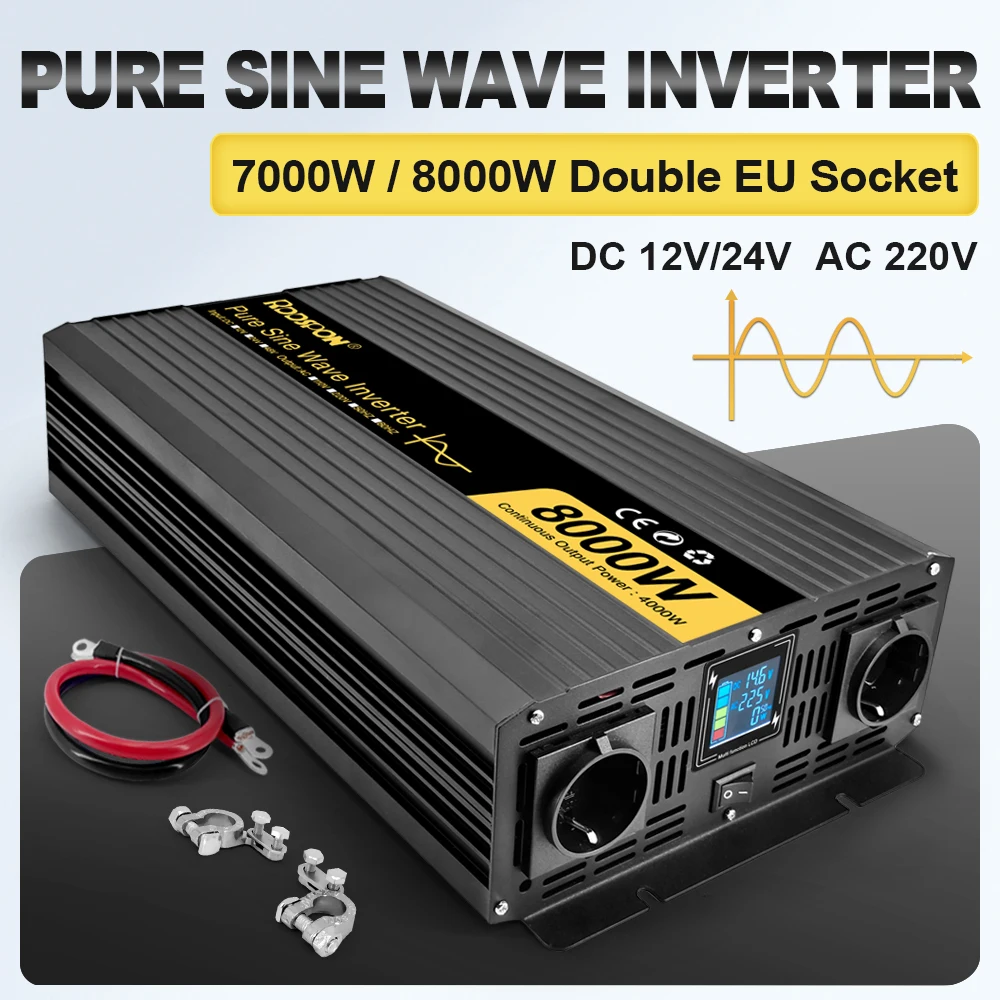 RDDSPON Pure Sine Wave Solar Inverter 7000W 8000W Double EU Socket LCD Display DC 12V 24V To AC 220V 50Hz 60Hz Voltage Converter