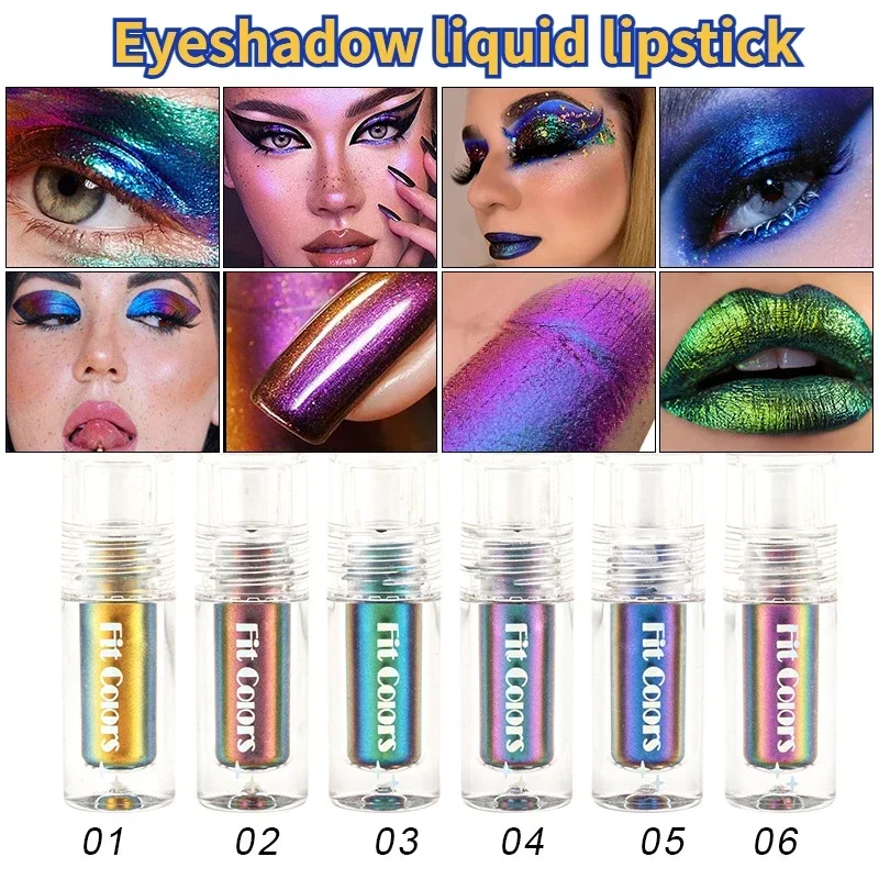 6 Farben glänzend metallisch glänzend Gesicht dekorieren flüssigen Lidschatten Lip gloss metallischen Lippenstift optische Chamäleons Auge Glitter Pigment