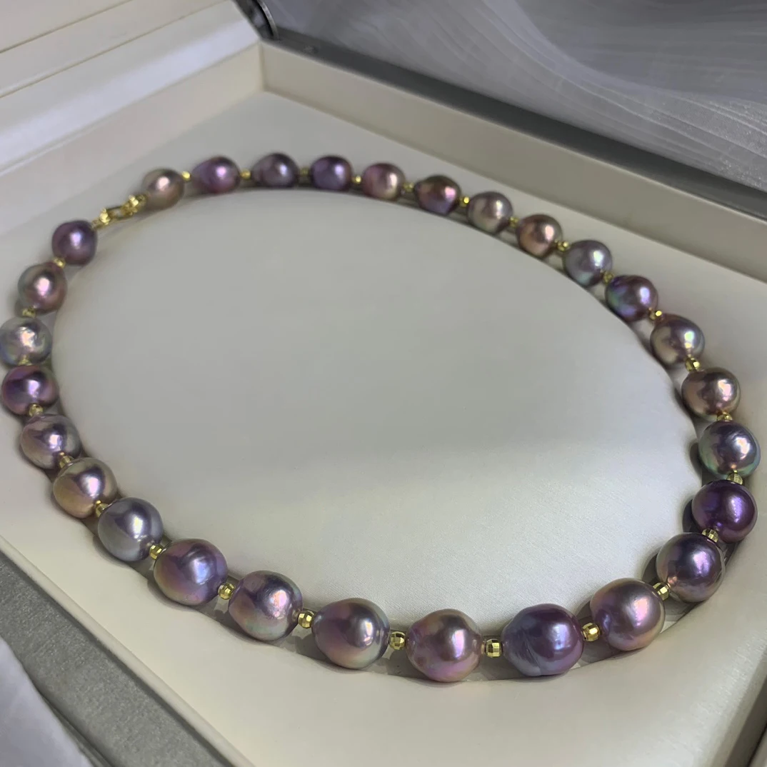 10-12mm Natural Freshwater Dazzling Purple Baroque Shaped Pearl Necklace Big Size Irregular Rainbow Color Pearl Beaded Necklace