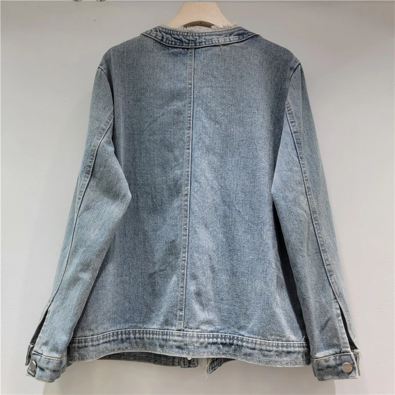 Heavy Work Beaded Diamond Big Pocket Blue Denim Jacket Autumn Women Casual Round Neck Multi-Pocket Long Sleeve Cowboy Outerwear