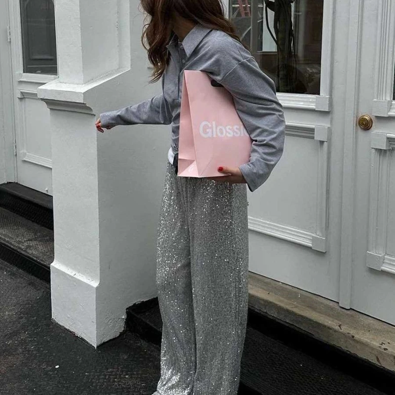 Elegant Sequined Pants Y2K Pearl Sequined Straight Mop Pants Spring and Autumn Fashion Commuter Women's Wear