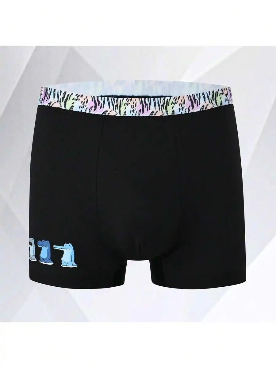 

Mens High Stretch Knitted Boxer Briefs With Cartoon Crocodile Print And Zebra Waistband