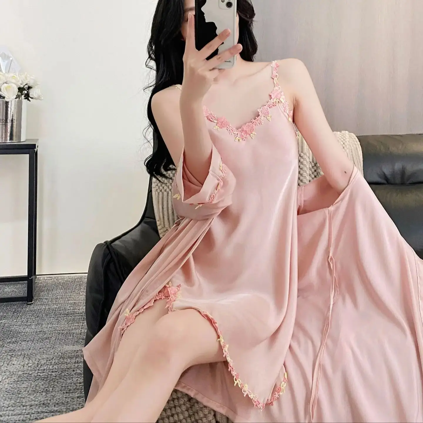 

Сексуальный комплект: кимоно-халат с вышивкой и аппликацией, атласный домашний костюм-пижама для женщин