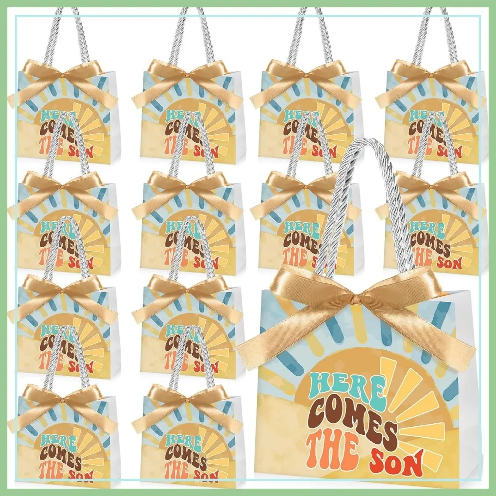 25 Sets Baby Shower Favor Bags with Handles and Bows Boho Sun Design for Party Decorations Goodie Bags